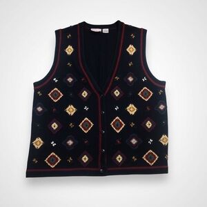 Vintage Tan Jay Cardigan Sweater Vest Medium Geometric Floral Cottagecore 90’s